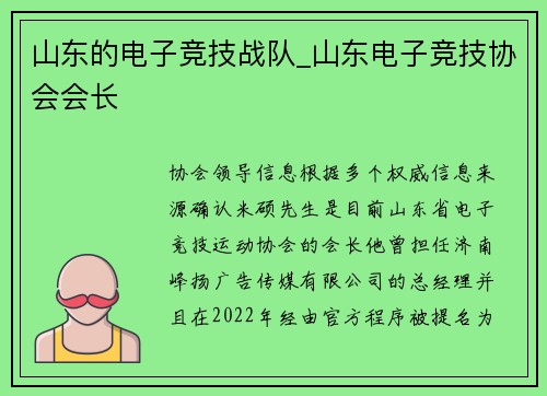 山东的电子竞技战队_山东电子竞技协会会长